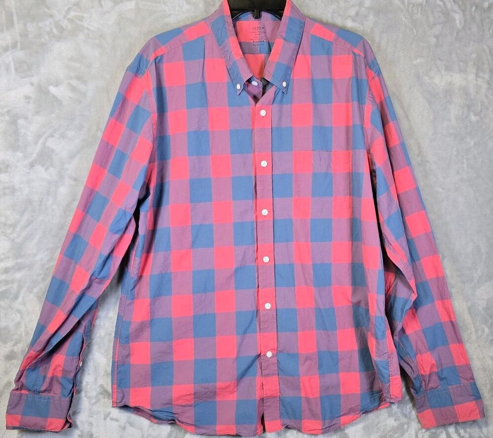 J. Crew Button Down Shirt Slim Fit Mens XL Blue Pink Purple Plaid  Cotton